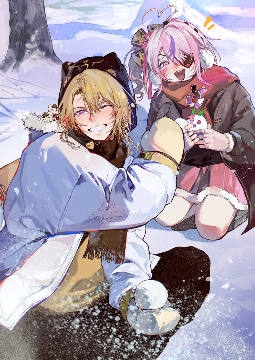 1boy 1girl absurdres ahoge black_coat black_headwear black_pants black_scarf blonde_hair coat earmuffs fingerless_gloves fur-trimmed_skirt fur_trim gloves heart heart_ahoge highres luca_kaneshiro maria_marionette medium_hair mittens nijisanji nijisanji_en one_eye_closed open_mouth owls_(owls_0409) pants pink_eyes pink_gloves pink_hair pink_skirt purple_eyes purple_hair red_scarf scarf shirt side_ponytail skirt smile snow snow_rabbit white_coat winter yellow_mittens yellow_shirt