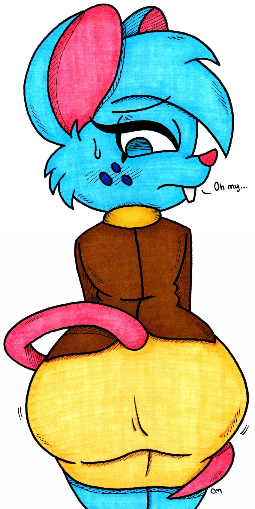 2023 absurd_res anthro big_ears blue_body blue_ears blue_eyes blue_freckles blue_fur blue_hair blue_tuft blush blush_lines bodily_fluids bottomwear brown_clothing brown_jacket brown_topwear buckteeth butt cheek_tuft clothing ellipsis english_text eye_through_hair eyebrow_through_hair eyebrows eyelashes eyelashes_through_hair facial_tuft female freckles fur fur_tuft furgonomics hair hi_res inkyneko jacket line_art long_tail looking_at_own_butt looking_at_viewer looking_back looking_back_at_viewer mammal mia_mouse mouse mouse_ears mouse_tail murid murine no_pupils office_lady oh_my pen_(artwork) pencil_skirt pink_inner_ear pink_nose pink_tail portrait question_mark rear_view rodent round_ears skirt solo sweat sweatdrop tail tail_around_legs tail_around_self tail_through_skirt teeth text three-quarter_portrait three-quarter_view topwear traditional_media_(artwork) translucent translucent_hair tuft yellow_bottomwear yellow_clothing yellow_skirt