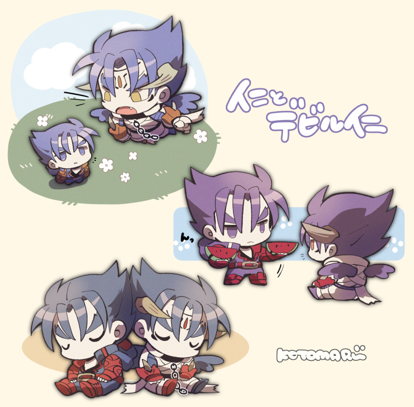 2boys :&lt; bandages black_hair black_wings chain closed_eyes closed_mouth devil_jin fang flying forehead_jewel grey_horns holding_watermelon horns kazama_jin kotorai male_focus multiple_boys multiple_views no_nose open_mouth signature sleeping sleeping_upright tekken thick_eyebrows translation_request v-shaped_eyebrows wings yellow_eyes