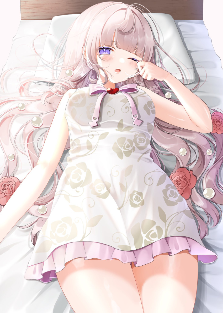 1girl bed blunt_bangs blush commentary commission dress eyeshadow floral_print flower highres himeno_aimu indie_virtual_youtuber long_hair makeup ohagetty open_mouth pillow pink_flower pink_hair pink_rose purple_eyes purple_eyeshadow rose skeb_commission solo virtual_youtuber white_dress