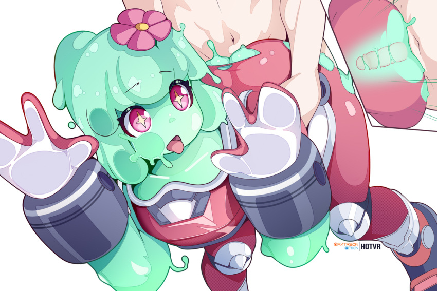 1boy 1girl against_wall artist_name bent_over clothed_female_nude_male colored_skin flower green_skin hair_flower hair_ornament hetero hot_vr juno_(omega_strikers) monster_girl nude omega_strikers patreon_logo patreon_username penis pink_suit pixiv_logo pixiv_username see-through_body sex sex_from_behind slime_(creature) slime_(substance) slime_girl standing standing_sex suit symbol-shaped_pupils tongue tongue_out white_background