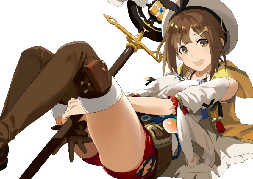 1girl atelier_(series) atelier_ryza bangs belt beret breasts brown_eyes brown_footwear brown_gloves brown_hair collarbone commentary_request gloves hair_ornament hairclip hat holding looking_at_viewer lying medium_breasts ningen_(ningen96) on_back red_shorts reisalin_stout round-bottom_flask short_shorts shorts simple_background single_glove smile solo staff thighhighs white_background