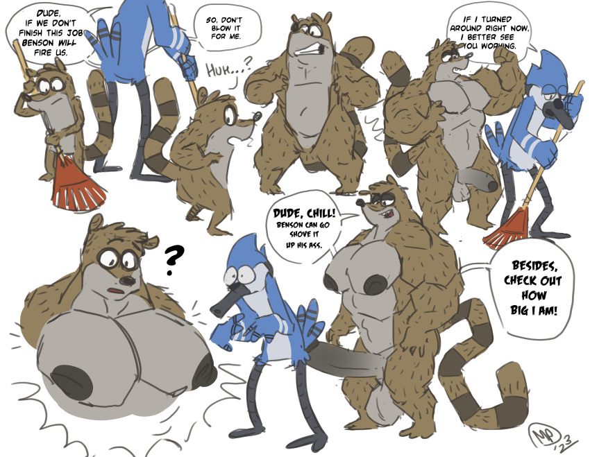 abs absurd_res anthro avian balls biceps big_muscles big_pecs bird blue_jay body_size_growth cartoon_network comic corvid dialogue digital_drawing_(artwork) digital_media_(artwork) duo english_text erection expansion flexing fur genitals growth hi_res huge_pecs jay_(bird) male mammal maxpany mordecai_(regular_show) muscle_growth muscular muscular_anthro muscular_male new_world_jay nipples nude oscine passerine pecs penis procyonid raccoon regular_show rigby_(regular_show) simple_background size_difference size_growth size_transformation smile speech_bubble standing surprised_expression tail text transformation