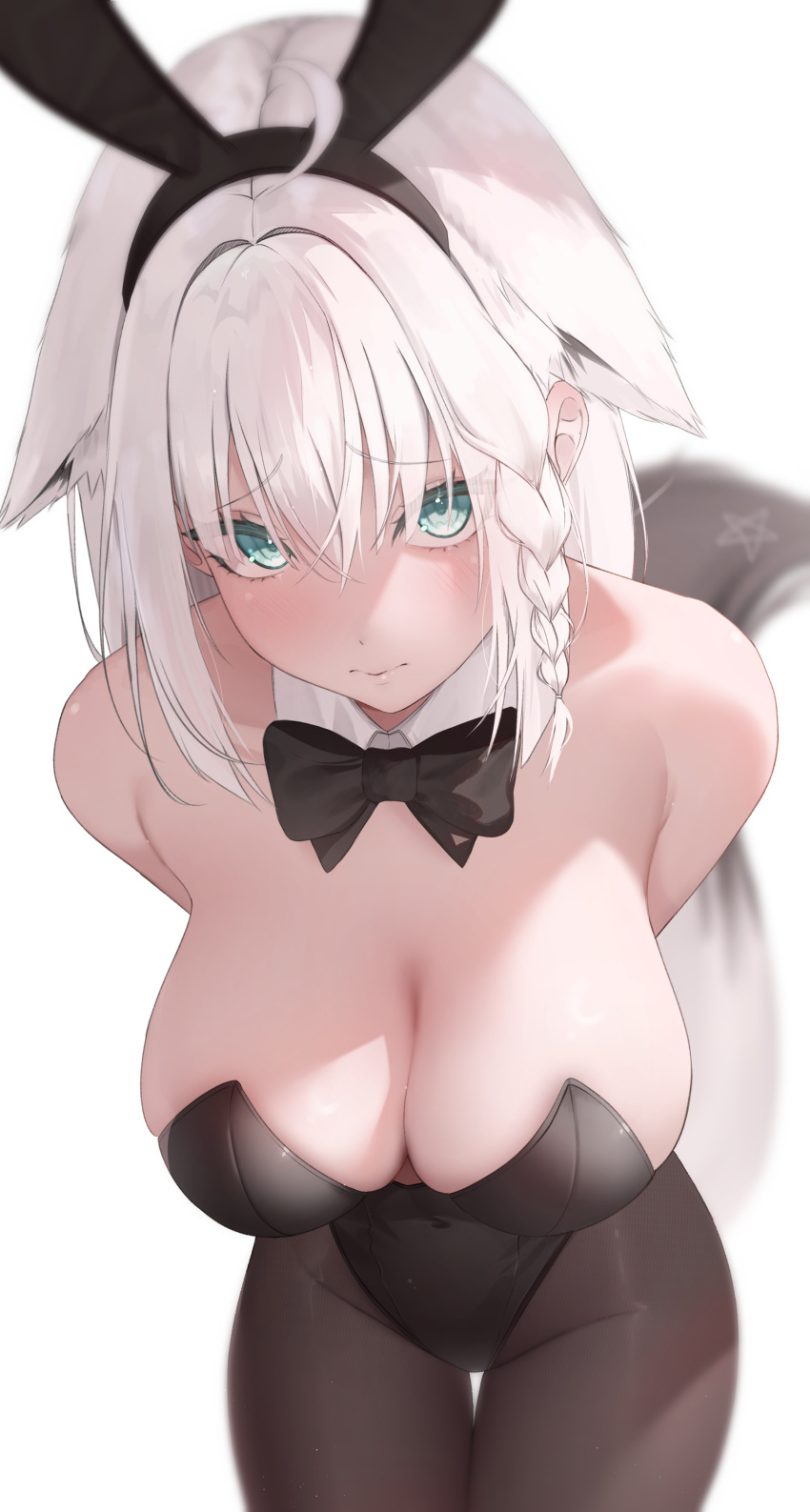 1girl absurdres ahoge animal_ear_fluff animal_ears aqua_eyes arms_behind_back bare_shoulders black_bow black_bowtie black_leotard black_pantyhose bow bowtie braid breasts closed_mouth commentary covered_navel detached_collar english_commentary extra_ears fake_animal_ears fox_ears fox_girl fox_tail furrowed_brow hair_between_eyes hanging_breasts highleg highleg_leotard highres hololive large_breasts leaning_forward leotard long_hair looking_at_viewer pantyhose pentagram playboy_bunny prab rabbit_ears shirakami_fubuki side_braid sidelocks simple_background solo strapless strapless_leotard tail thigh_gap virtual_youtuber white_background white_hair