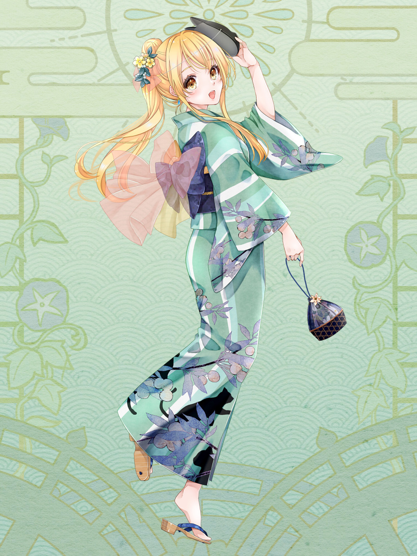 1girl :d blonde_hair dairoku_ryouhei earrings elisha_paltier flower full_body green_background green_kimono hair_flower hair_ornament highres japanese_clothes jewelry kimono kinchaku long_hair mask ponytail pouch sandals shima_(shima46653800) smile solo standing wide_sleeves yellow_eyes