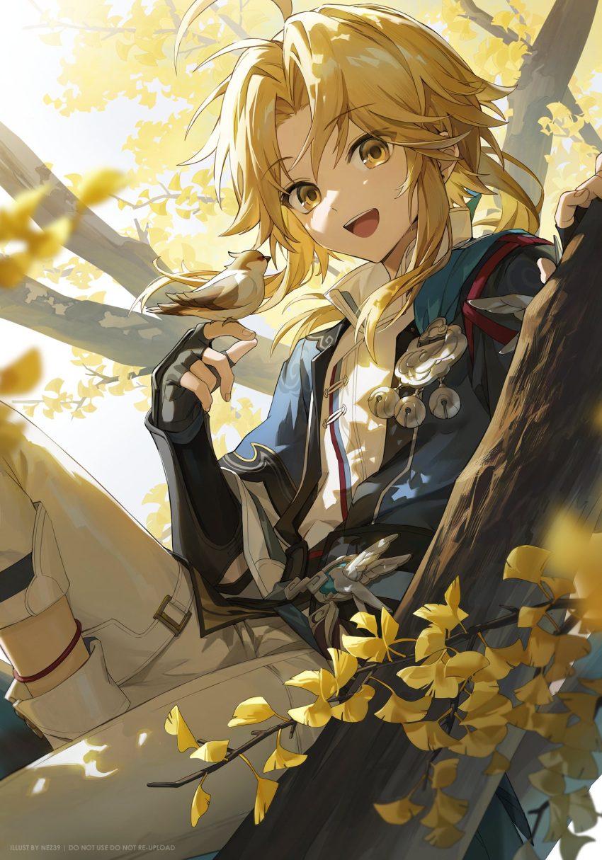 1boy bell bird bird_on_hand black_gloves blonde_hair chinese_clothes gloves hanging_on_tree highres honkai:_star_rail honkai_(series) jacket leaf long_hair long_sleeves male_focus multiple_boys nez39 on_tree open_mouth pants ponytail smile solo white_pants yanqing_(honkai:_star_rail) yellow_eyes