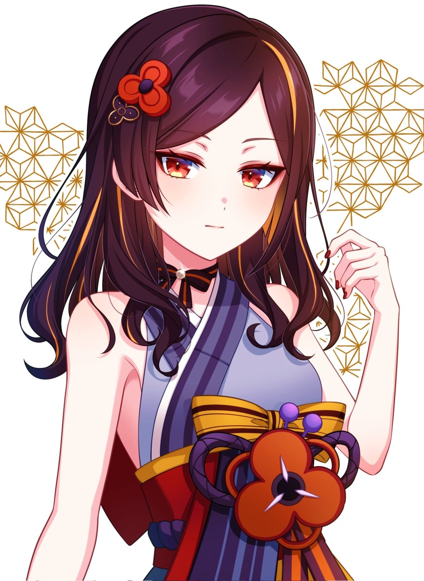 1girl bare_shoulders blush breasts brown_hair chiori_(genshin_impact) closed_mouth genshin_impact hair_ornament highres japanese_clothes kimono long_hair medium_breasts multicolored_hair official_alternate_costume orange_hair pochimaru_(marumaru_wanwan) red_eyes solo