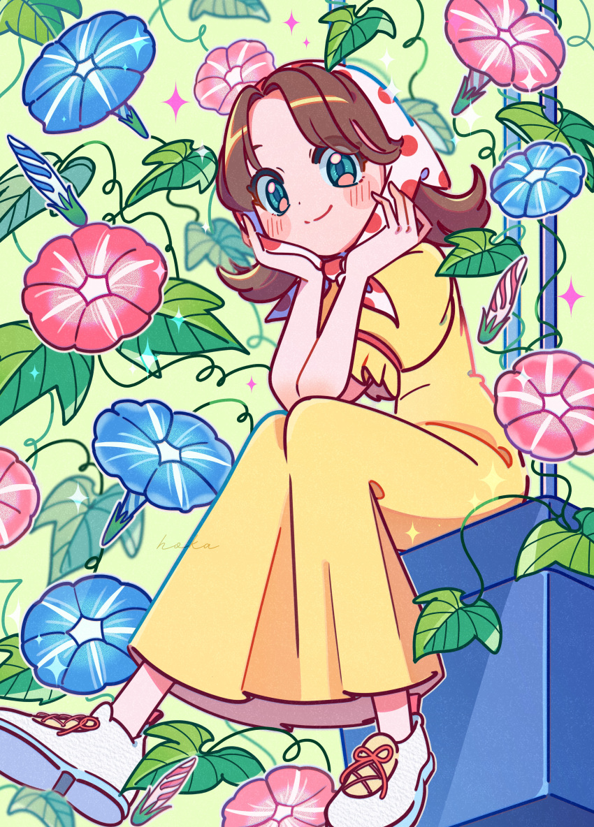 1girl absurdres blue_flower blush brown_hair dress flower highres looking_at_viewer medium_hair morning_glory original otoboke_hoka pink_flower plant shoes short_sleeves smile solo white_footwear yellow_dress