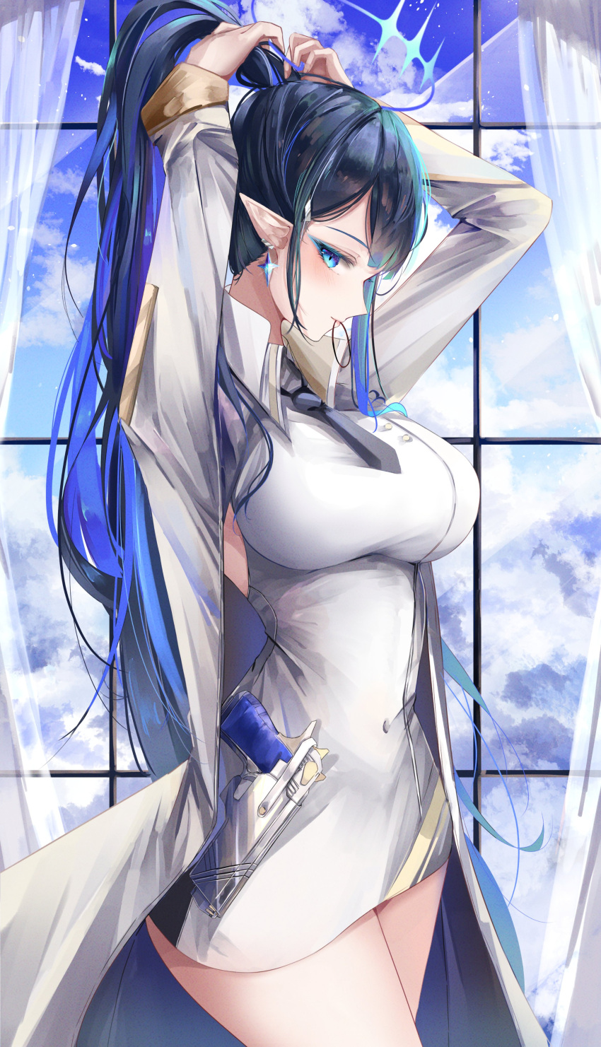1girl absurdres adjusting_hair ahoge arms_up black_hair blue_archive blue_eyeliner blue_eyes blue_hair blue_halo blush breasts cloud cloudy_sky coat colored_inner_hair covered_navel cropped_legs dress earrings eyeliner from_side glint gun halo handgun highres holstered jewelry large_breasts long_hair looking_at_viewer makeup mouth_hold multicolored_hair necktie pointy_ears ponytail rin_(blue_archive) scrunchie sidelocks sky smile solo standing teca_(ryeol) thighs weapon white_coat white_dress window