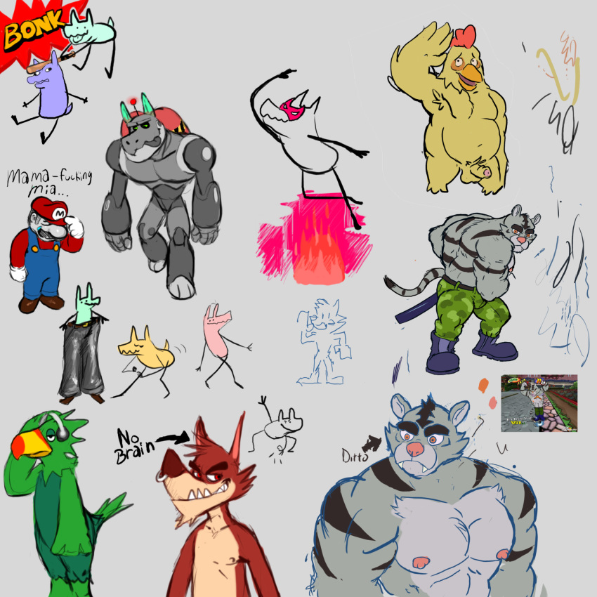 abs animal_crossing anthro atlus avian balls beak big_muscles bird bottomwear canid canine canis chicken clothed clothing cobaltcerberus collaboration decker egbert_(animal_crossing) erection eyebrows facial_piercing fangs feathers felid footwear foreskin fur galliform gallus_(genus) genitals glass0milk go!_go!_hypergrind green_body green_feathers grey_body grey_fur grin group hi_res human jewelry larger_male male mammal mario mario_bros muscular muscular_anthro muscular_male nintendo nipples nose_piercing nose_ring nude pantherine pants penis phasianid piercing profanity ring_piercing sega sharp_teeth shoes simple_background size_difference smile striped_body striped_fur stripes tail teeth text thick_eyebrows tiger toony topless vert_(go!_go!_hypergrind) wolf yellow_body yellow_feathers