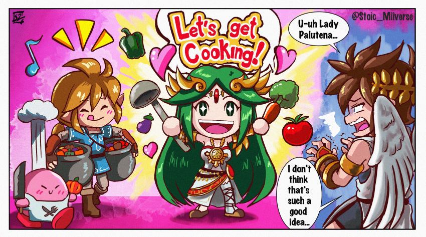 1girl ahoge angel angel_wings apron carrot chain champion's_tunic_(zelda) chef_hat cooking_mama diadem dress eggplant forehead_jewel gold_chain green_eyes green_hair hat heart highres holding holding_ladle kid_icarus kid_icarus_uprising kirby kirby_(series) ladle laurel_crown link long_hair open_mouth palutena pit_(kid_icarus) smile stoic_seraphim super_smash_bros. the_legend_of_zelda the_legend_of_zelda:_breath_of_the_wild tomato wings