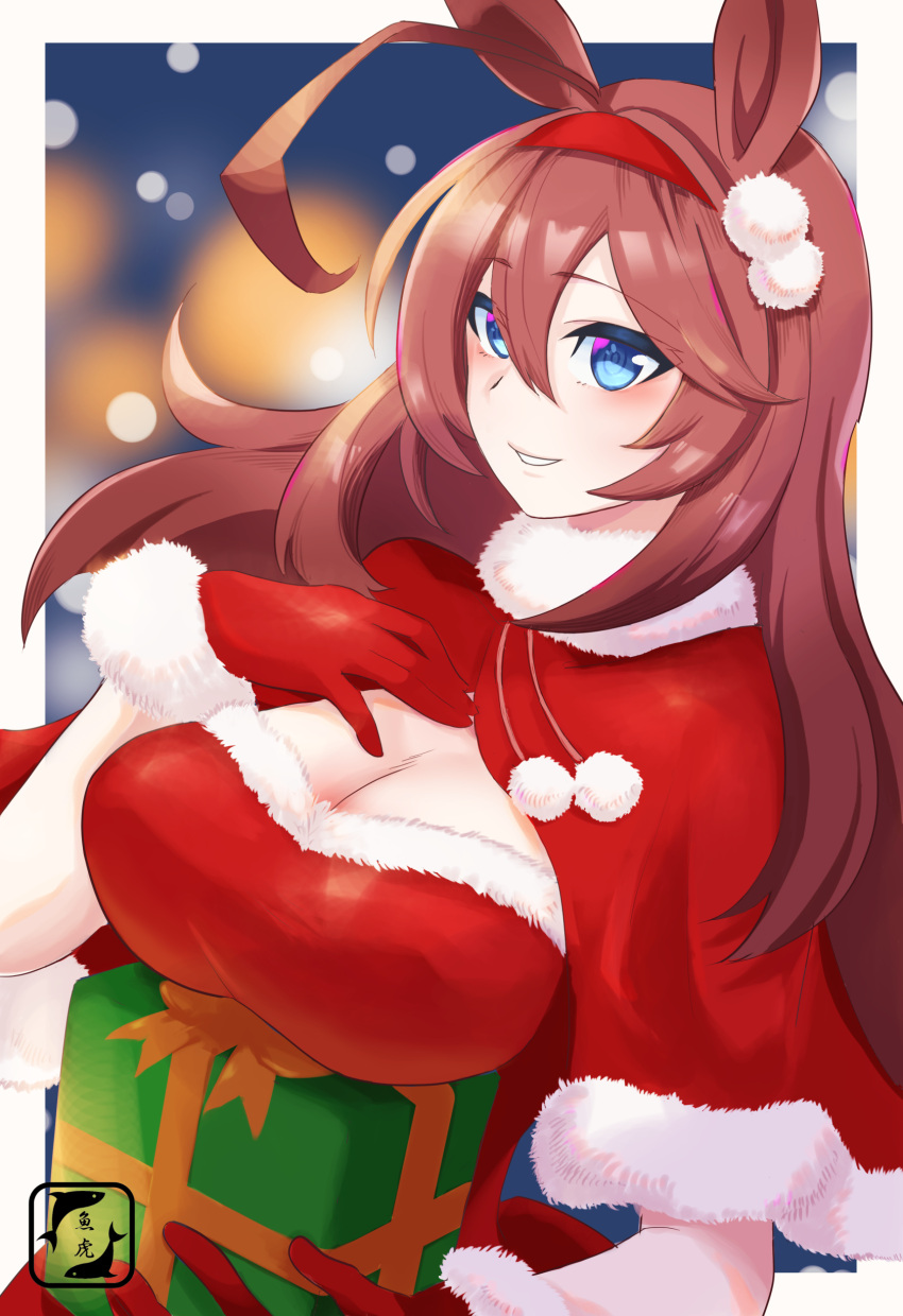 1girl absurdres ahoge artist_logo blue_eyes breast_rest breasts brown_hair capelet christmas cleavage commentary dress fur-trimmed_capelet fur-trimmed_gloves fur_trim gift gloves hairband hand_on_own_chest highres holding holding_gift horse_girl large_breasts long_hair looking_at_viewer mihono_bourbon_(umamusume) neru_ika red_capelet red_dress red_gloves red_hairband santa_gloves smile solo strapless strapless_dress umamusume