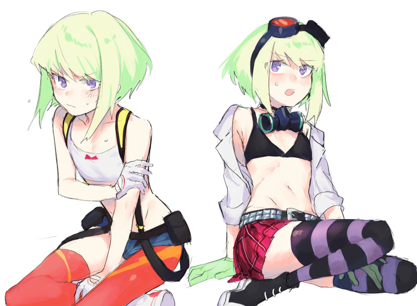 aina_ardebit aina_ardebit_(cosplay) bikini_top blonde_hair cosplay crossdressing gloves goggles goggles_on_head headgear highres lio_fotia lucia_fex lucia_fex_(cosplay) midriff moegi0926 plaid plaid_skirt promare purple_eyes skirt striped striped_legwear