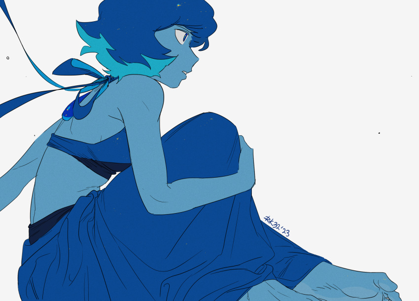 1girl barefoot blue_dress blue_hair blue_skin blue_skirt colored_skin crop_top dated dress feet highres hug hugging_own_legs lapis_lazuli_(steven_universe) looking_to_the_side ruki32_32 short_hair signature simple_background skirt solo steven_universe white_background