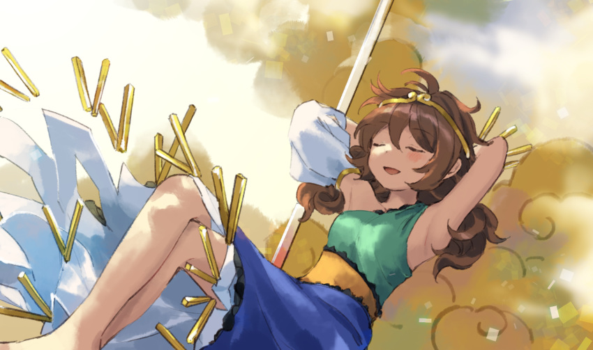 1girl barefoot brown_hair circlet closed_eyes detached_sleeves dress feet_out_of_frame green_dress highres kaigen_1025 long_hair low_twintails multicolored_clothes multicolored_dress open_mouth single-shoulder_dress single_detached_sleeve smile solo son_biten test_tube touhou twintails white_sleeves yellow_dress