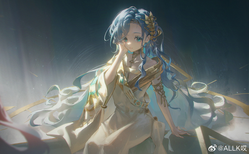 1girl 37_(reverse:1999) adjusting_hair allk_(pixiv_31494296) ancient_greek_clothes arm_support armlet blue_hair closed_mouth cowboy_shot dark_background gold_choker greco-roman_clothes hand_in_own_hair highres laurel_crown long_hair looking_at_viewer reverse:1999 sidelighting single_sleeve single_wide_sleeve sitting solo swept_bangs toga very_long_hair weibo_logo weibo_username