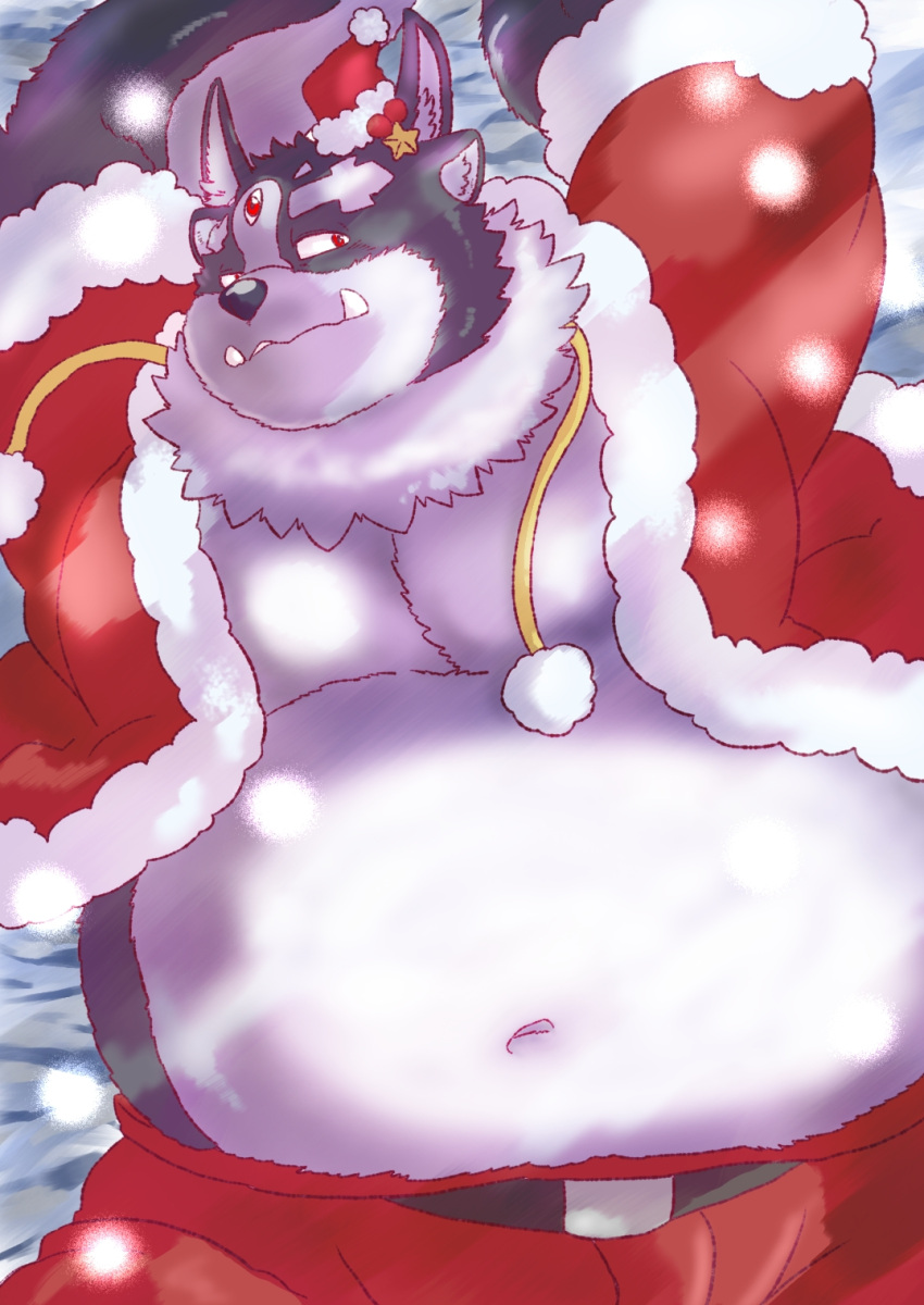 1boy alternate_costume animal_ears bara blush christmas extra_ears fat from_above furry furry_male hat highres kusarikake looking_at_viewer lying male_focus mini_hat navel nipples on_back pectoral_cleavage pectorals red_headwear santa_costume santa_hat short_hair snowing solo thick_eyebrows tokyo_afterschool_summoners tsathoggua_(housamo) tusks wolf_boy wolf_ears