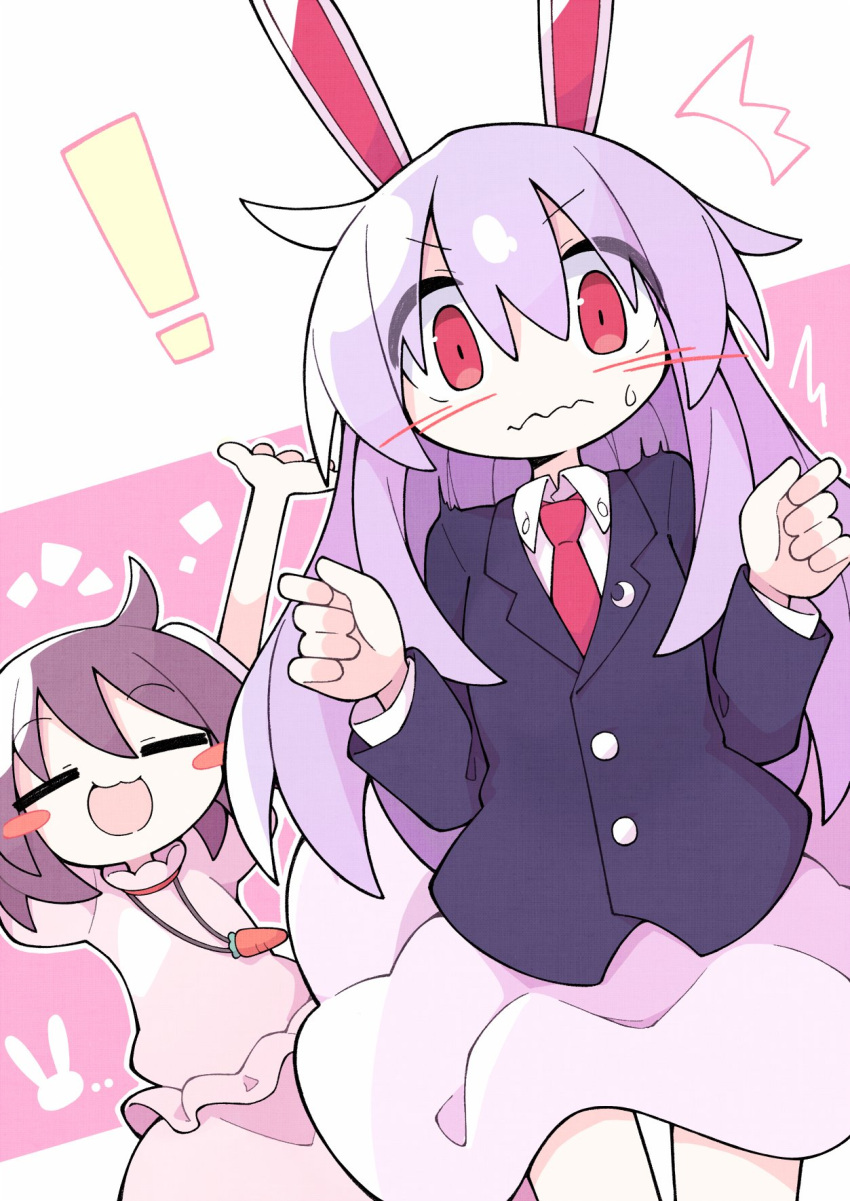 ! 2girls ^^^ animal_ears asameshi black_hair black_jacket blazer blush blush_stickers carrot_necklace closed_eyes closed_mouth collared_shirt dress highres inaba_tewi jacket jewelry long_hair long_sleeves multiple_girls necklace necktie open_mouth pink_dress pink_skirt purple_hair rabbit_ears red_eyes red_necktie reisen_udongein_inaba shirt short_hair skirt smile touhou white_shirt