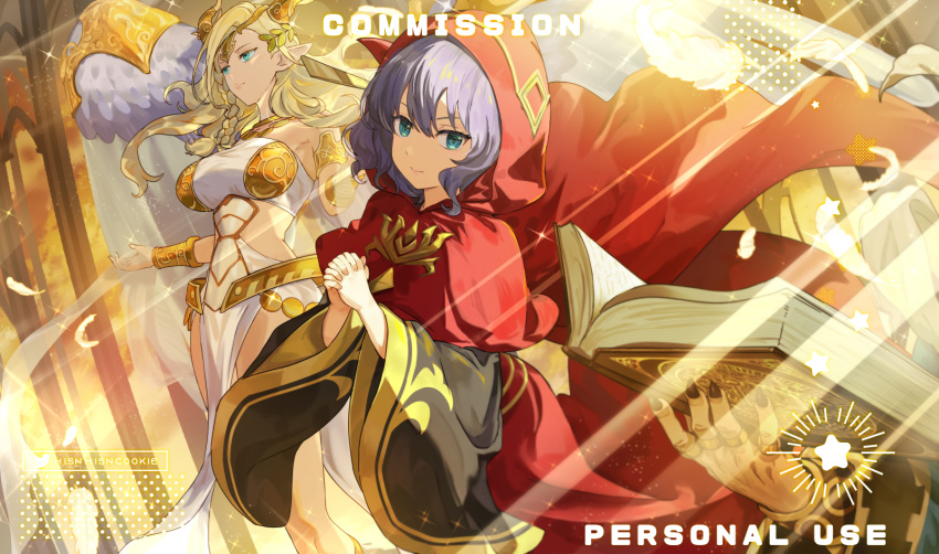 1boy 2girls armlet bangle bare_shoulders blonde_hair blue_hair book bracelet breasts commission dress duel_monster green_eyes highres holding holding_book hsin interlocked_fingers jewelry large_breasts multiple_girls novox_the_silenforcer_disciple open_book outstretched_arms own_hands_clasped own_hands_together saffira_the_wise_silenforcer_queen sauravis_the_sagely_silenforcer_dragon spread_arms watermark wings yu-gi-oh!