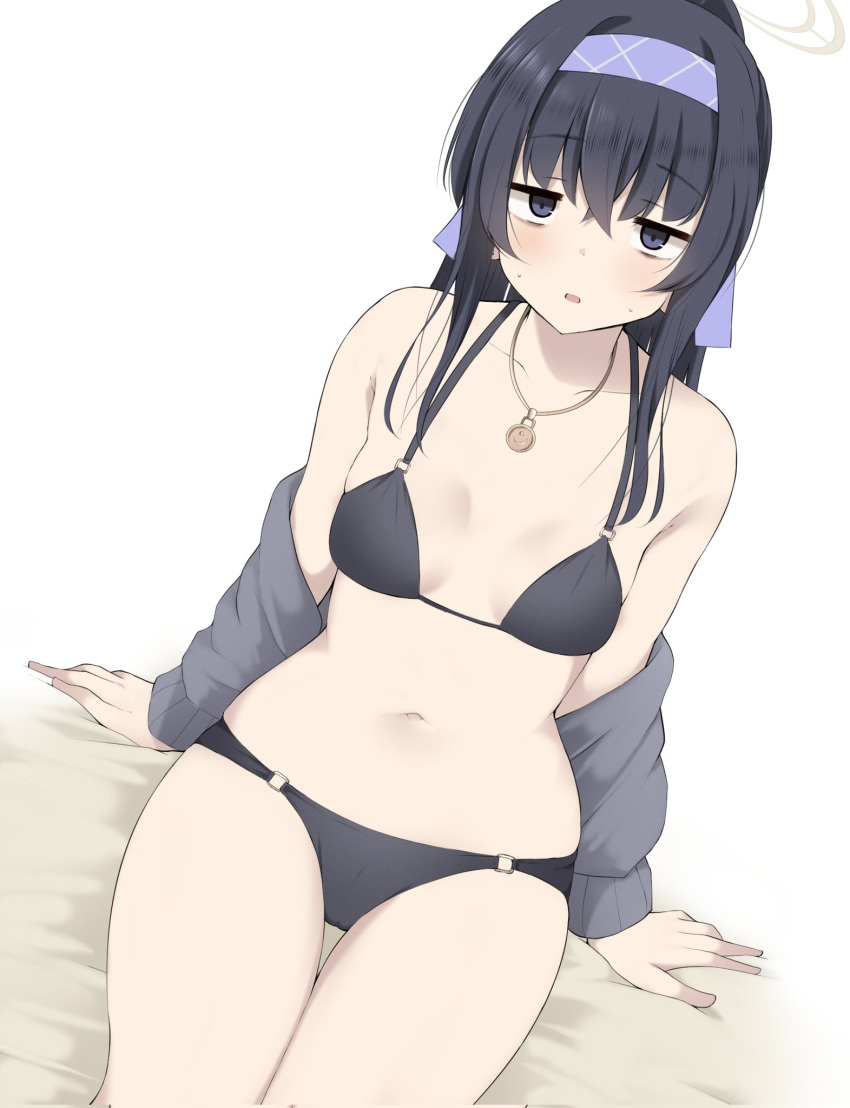 1girl bags_under_eyes bikini black_bikini black_hair blue_archive blush breasts cardigan collarbone commentary_request crossed_bangs grey_cardigan hair_between_eyes hairband halo highres jewelry long_hair long_sleeves looking_at_viewer navel necklace official_alternate_costume parted_lips ponytail purple_eyes purple_hairband small_breasts solo swimsuit ui_(blue_archive) ui_(swimsuit)_(blue_archive) winter_(winterinkoakuma)