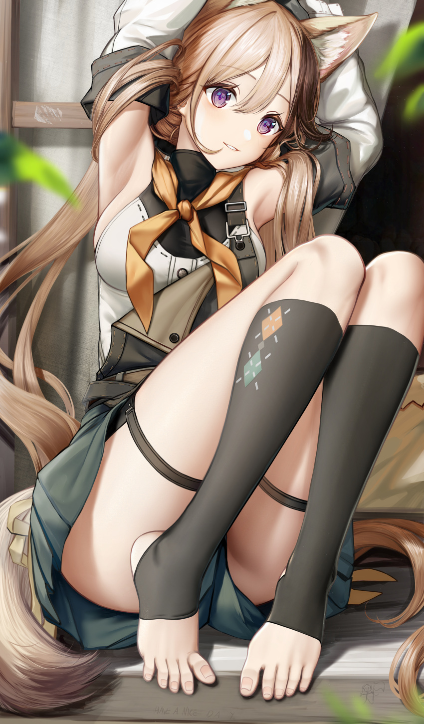 1girl absurdres animal_ear_fluff animal_ears argyle argyle_legwear arknights armpits arms_up black_socks brown_hair cardigan_(arknights) cardigan_(sunny_day)_(arknights) detached_sleeves extra_ears feet grey_shorts hair_between_eyes highres kneehighs knees_up legs long_hair long_sleeves looking_at_viewer multicolored_hair no_shoes nopetroto parted_lips purple_eyes shirt short_shorts shorts sleeveless sleeveless_shirt smile socks solo stirrup_legwear streaked_hair tail thigh_strap toeless_legwear toes variant_set very_long_hair white_shirt white_sleeves