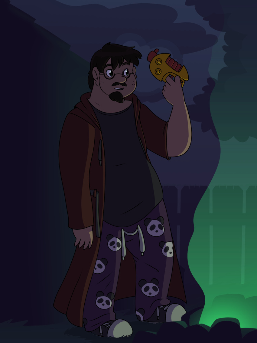 2023 3:4 5_fingers bangs bathrobe black_hair clothed clothing digital_drawing_(artwork) digital_media_(artwork) disney eyewear facial_hair fence fingers footwear freckles glasses glowing goatee green_eyes hair hi_res holding_object holding_weapon human human_only lilo_and_stitch male mammal mustache night not_furry outside pajamas plasma_blaster_(lilo_and_stitch) plasma_gun pointing_weapon_at_self pre-transformation robe shoes sneakers solo standing trubbol weapon