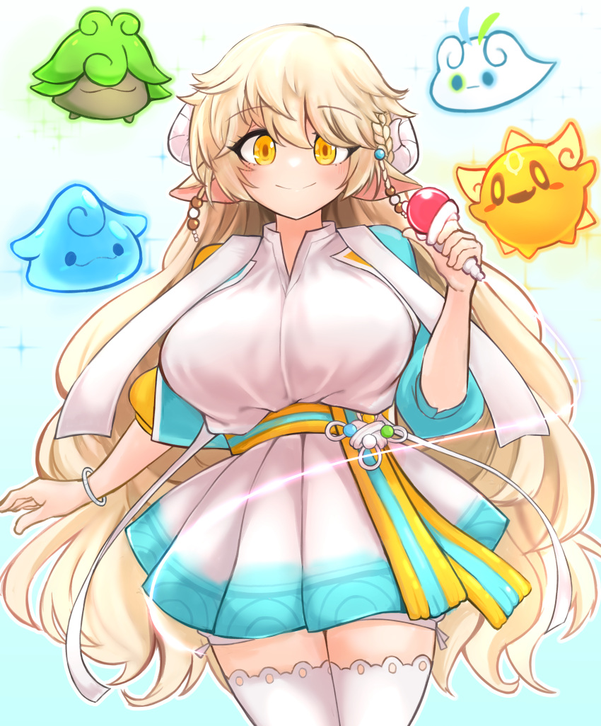 1girl absurdres animal_ears beads blonde_hair bracelet braid breasts closed_mouth cropped_jacket curled_horns dress gradient_background hair_beads hair_between_eyes hair_ornament hand_up highres horns jacket jewelry jinoyou lara_(maplestory) large_breasts long_hair looking_at_viewer maplestory open_clothes open_jacket outline pleated_dress puffy_sleeves sash sheep_ears sheep_girl sheep_horns short_dress smile solo split_mouth straight-on thighhighs very_long_hair white_horns white_outline white_thighhighs yellow_eyes zettai_ryouiki