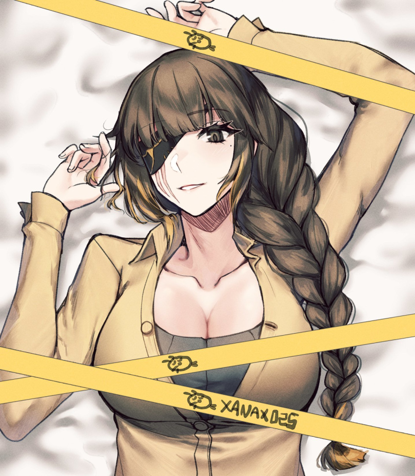 1girl breasts brown_eyes brown_hair eyepatch girls'_frontline highres large_breasts long_hair looking_at_viewer lying m16a1_(girls'_frontline) open_mouth scar smile third-party_source xanax025