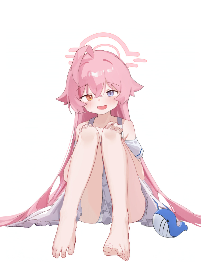1girl absurdres ahoge arsyky14 bare_legs barefoot blue_archive blue_eyes blush dress fang feet full_body hair_between_eyes halo hands_on_own_knees heterochromia highres hoshino_(blue_archive) knees_up legs long_hair looking_at_viewer official_alternate_costume open_mouth orange_eyes pink_hair pink_halo simple_background sitting skin_fang solo toenails toes very_long_hair white_background white_dress