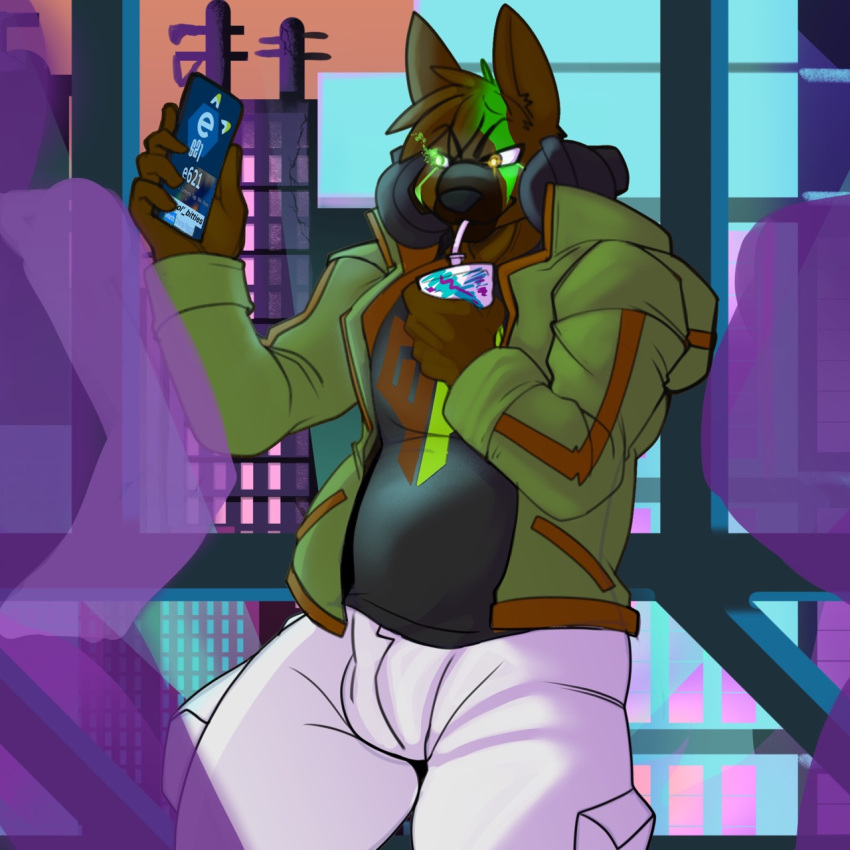 anthro black_clothing black_shirt black_topwear bottomwear brown_body brown_fur building bulge canid canine canis cargo_pants cellphone clothing container crowd_scene crowded cup cybernetics cyberpunk_2077 cyborg drinking e621 electronics fa20xx fur glowing glowing_eyes green_body green_fur headphones headphones_around_neck heterochromia hi_res jacket logo machine male mammal multicolored_body multicolored_fur pants phone shirt slightly_chubby solo topwear two_tone_body two_tone_fur w0lfb3at5 wolf