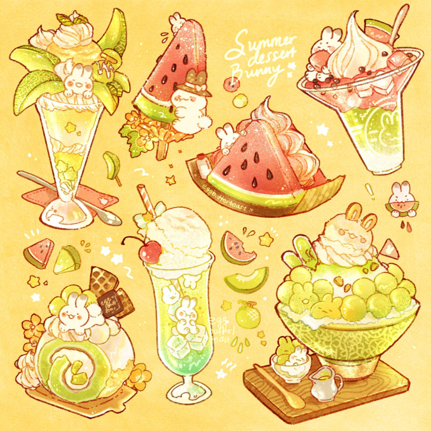 ! animal_focus artist_name cantaloupe commentary drinking_straw eating english_commentary english_text flag flower food food_focus fruit glass highres holding_breath ice ice_cream ice_cream_cone ice_cream_float ice_cube matcha_(food) nao_(bestrollever) no_humans original oversized_food oversized_object parfait popsicle rabbit simple_background spoon star_(symbol) summer waffle_cone watermelon watermelon_bar watermelon_slice yellow_background yellow_flower