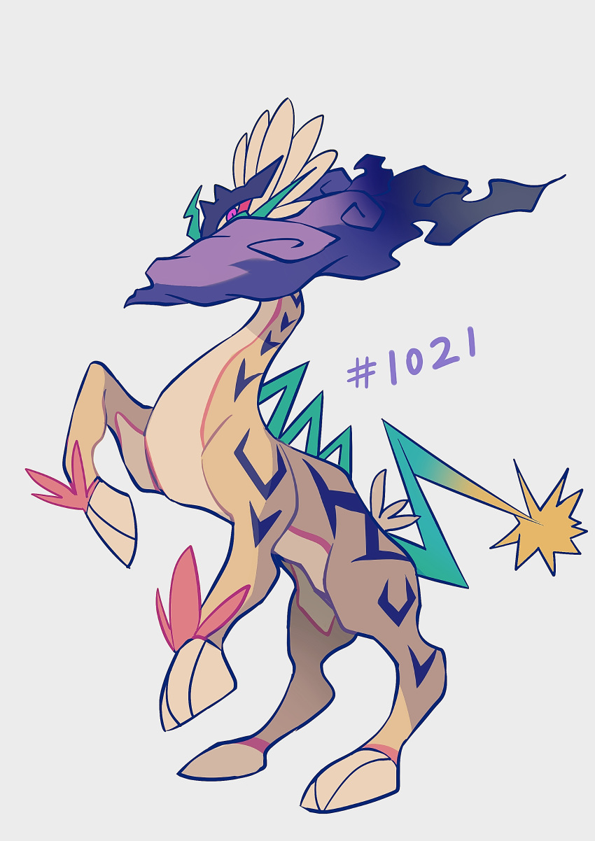 absurdres commentary from_side full_body ganezugarrrrr grey_background highres hooves no_humans pink_eyes pokedex_number pokemon pokemon_(creature) raging_bolt sideways_glance simple_background solo standing