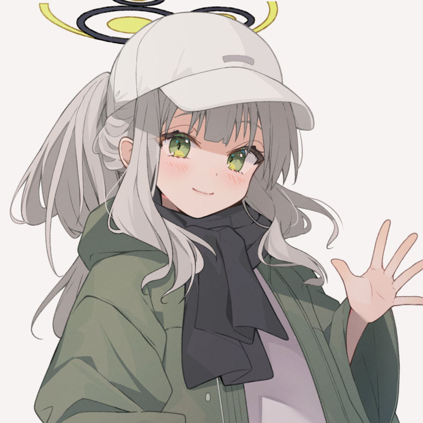 1girl absurdres black_scarf blue_archive blush closed_mouth green_eyes green_jacket grey_background grey_hair halo hare_(blue_archive) hare_(camp)_(blue_archive) hat highres jacket long_hair long_sleeves looking_at_viewer official_alternate_costume open_clothes open_jacket ponytail scarf simple_background smile solo sonoji upper_body white_headwear