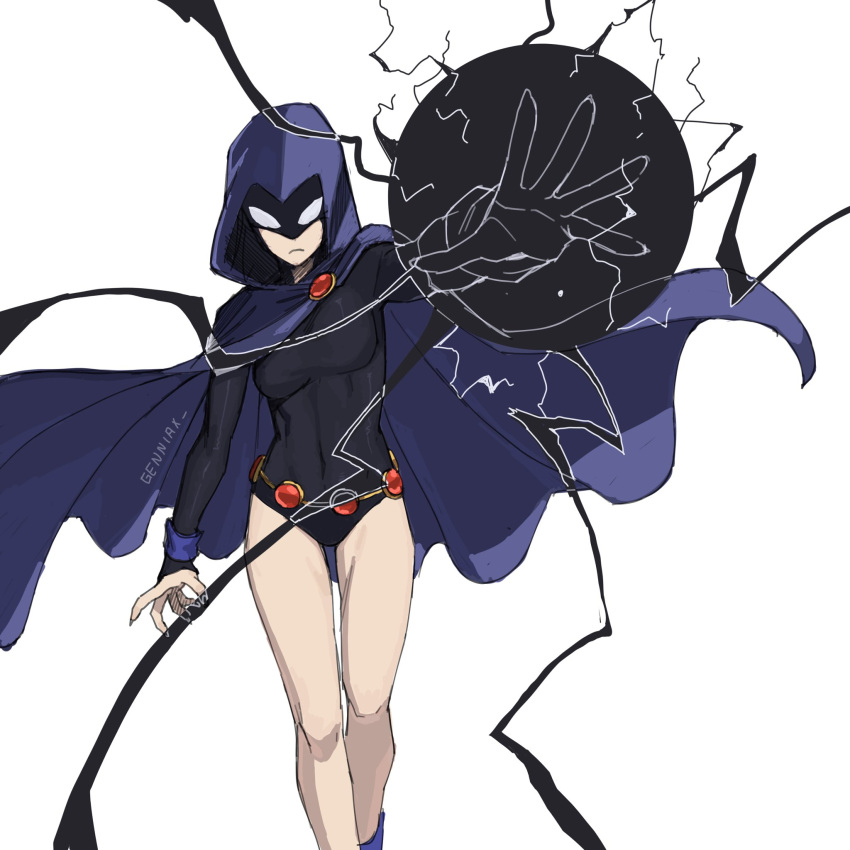 1girl animification black_leotard breasts cloak closed_mouth covered_navel dc_comics english_commentary frown highres hood hood_up jenxd_d leotard looking_at_viewer medium_breasts no_eyes purple_cloak raven_(dc) simple_background solo superhero teen_titans umbrakinesis