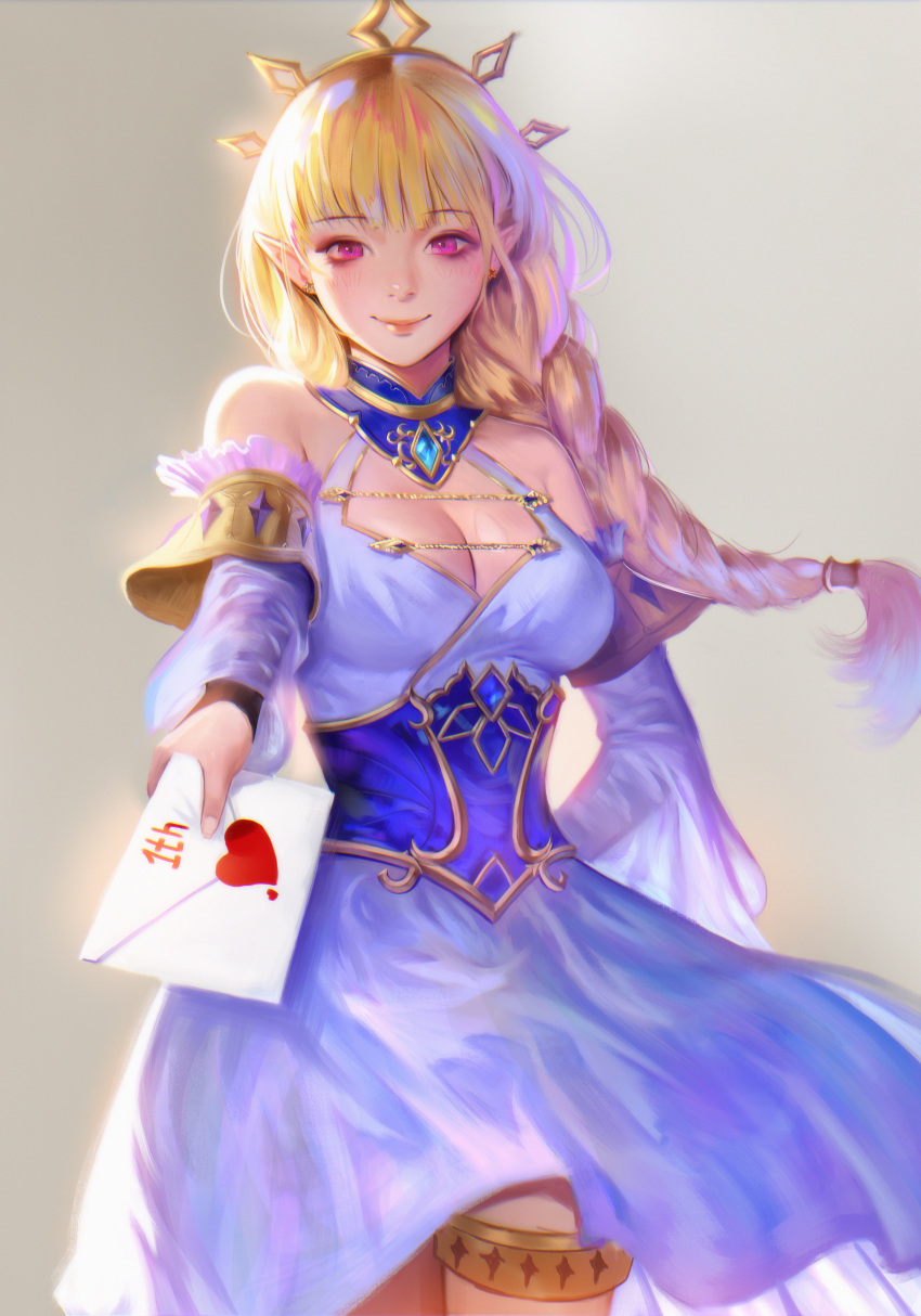 1girl absurdres bangs bare_shoulders blonde_hair blush braid breasts cleavage corset crown detached_sleeves dress elf envelope eyebrows_visible_through_hair gem heart highres huge_filesize knights_chronicle large_breasts lena_(knights_chronicle) lipstick long_hair looking_at_viewer love_letter makeup pointy_ears purple_eyes single_braid smile solo thaumazo thighlet white_dress wind