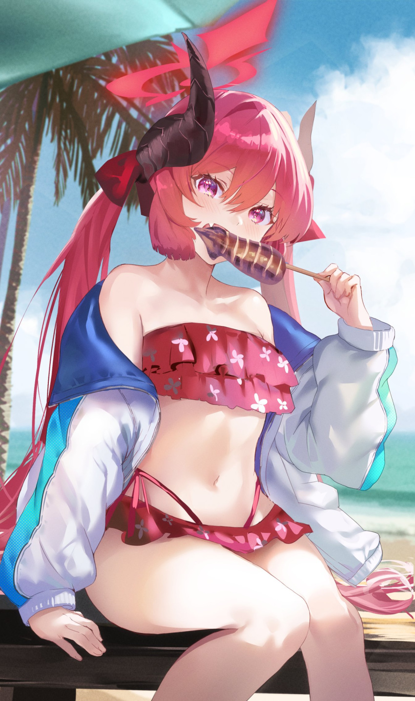 1girl bikini black_horns blue_archive blush collarbone day eating fang feet_out_of_frame flat_chest food halo highres hitaki_yuu holding holding_food horns ikayaki jacket junko_(blue_archive) long_hair long_sleeves looking_at_viewer open_clothes open_jacket open_mouth outdoors palm_tree red_bikini red_eyes red_hair red_halo sitting skin_fang solo swimsuit tree twintails white_jacket