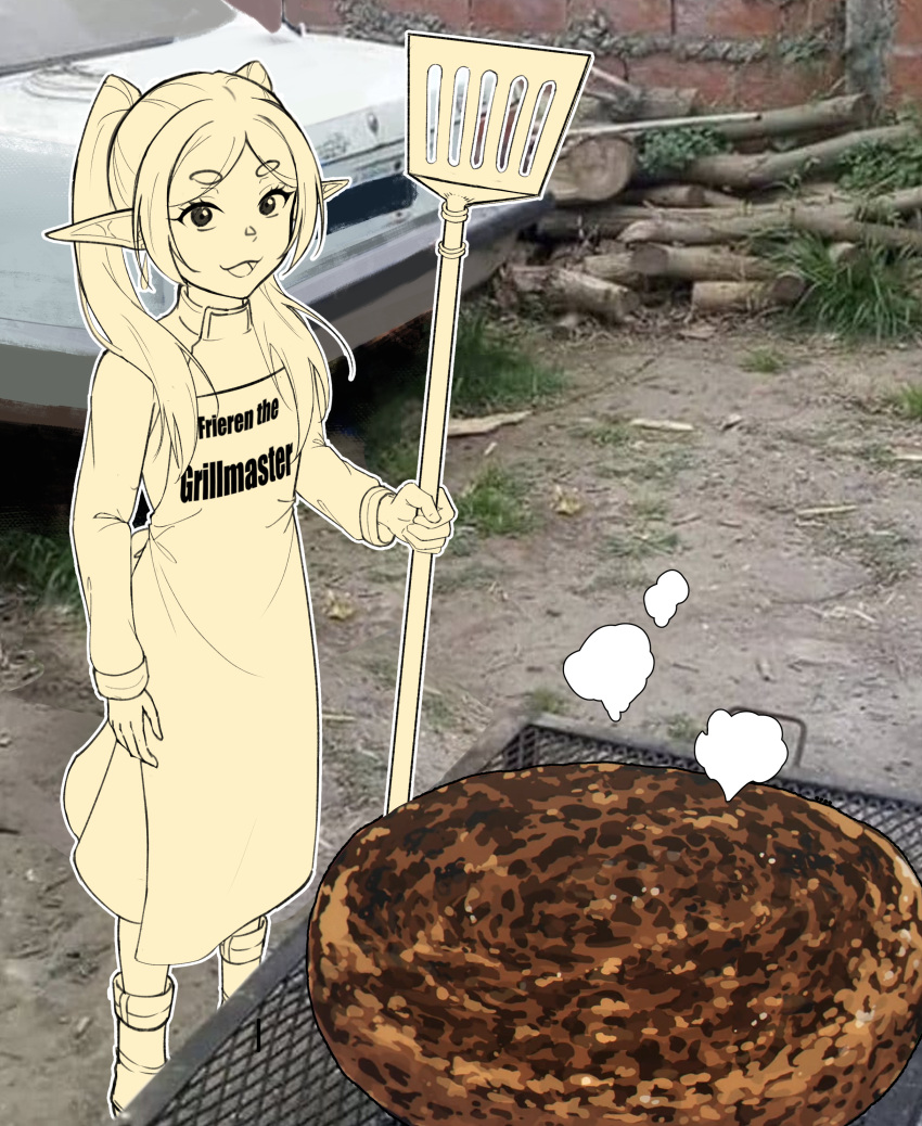 1girl :3 :d absurdres apron boots car commentary cooking english_commentary english_text food frieren fukaikiri grass grill hair_over_shoulder hamburger_steak highres holding holding_spatula log long_hair long_sleeves looking_at_viewer motor_vehicle outdoors oversized_food oversized_object photo_background pointy_ears short_eyebrows smile solo sousou_no_frieren spatula standing thick_eyebrows twintails