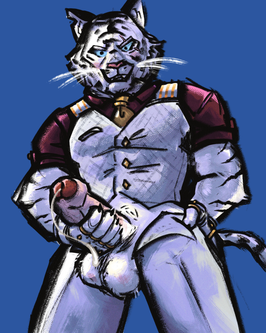 absurd_res anthro balls big_penis bodily_fluids bottomwear claws clothed clothing dripping epic_games erection felid fingers foreskin fortnite fur genital_fluids genitals gloves hand_on_hip handwear hi_res humanoid_genitalia humanoid_penis male mammal muscular muscular_male necktie open_bottomwear open_clothing open_pants oscar_(fortnite) pantherine pants partially_clothed penis precum precum_drip precum_string scar sexylinguini simple_background smile solo standing stripes tail tiger whiskers white_body white_fur yellow_sclera