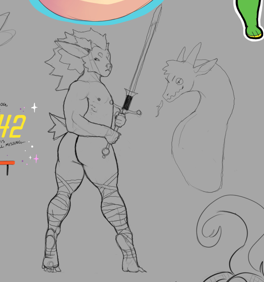 amygdahlia_(artist) anthro cervine deer dragon drawpile duo feet hartswell_(amygdahlia) hi_res looking_back male male/male mammal melee_weapon muscular nipples nude scar soles sword tiptoes weapon wrappings