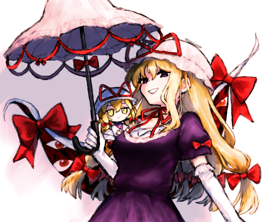1girl :d blonde_hair bow commentary dress elbow_gloves fumo_(doll) gap_(touhou) gloves hair_bow hat highres holding holding_umbrella long_hair looking_at_viewer mob_cap natucurage open_mouth purple_dress red_bow short_sleeves smile solo touhou twitter_username umbrella white_background white_gloves white_headwear yakumo_yukari