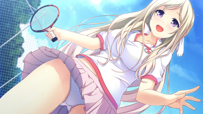 1girl blonde_hair blush breasts chain-link_fence collared_shirt day fence game_cg holding holding_racket large_breasts long_hair making_lover naruse_saki non-web_source official_art open_mouth panties pink_skirt pleated_skirt puffy_short_sleeves puffy_sleeves purple_eyes racket shirt short_sleeves skirt smile sportswear sweat taniyama-san tennis_racket tennis_uniform underwear upskirt very_long_hair white_panties wind wind_lift