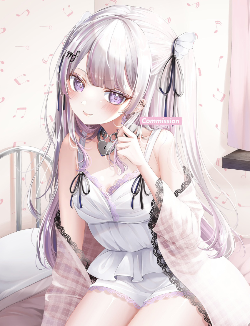 1girl blush camisole commission earrings heart-shaped_lock highres indie_virtual_youtuber jewelry lace-trimmed_shorts lace_trim long_hair ohagetty otokagi_mero pants pink_hair plaid purple_eyes skeb_commission smile solo two_side_up virtual_youtuber white_camisole white_pants