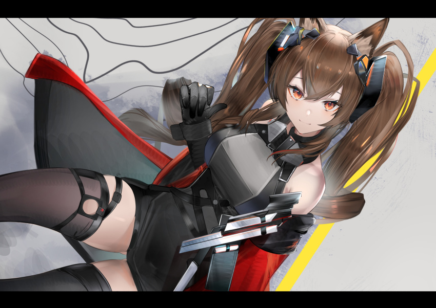 1girl absurdres angelina_(arknights) angelina_(endfield)_(arknights) animal_ears arknights arknights:_endfield bare_shoulders black_gloves black_thighhighs breasts brown_eyes brown_hair commentary_request eugle_na fox_ears gloves highres letterboxed long_hair looking_at_viewer medium_breasts official_alternate_costume smile solo thighhighs thighs twintails very_long_hair