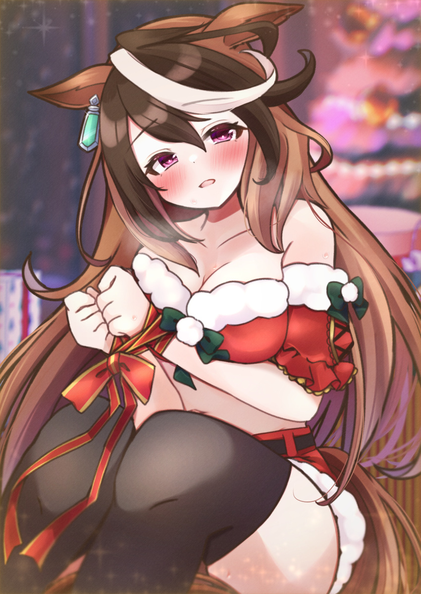 1girl absurdres animal_ears bare_shoulders belt black_belt black_hair black_thighhighs blurry blurry_background blush bound bound_wrists breasts brown_hair christmas christmas_tree cleavage depth_of_field ear_piercing frilled_sleeves frills fur-trimmed_shirt fur-trimmed_shorts fur_trim gift highres horse_ears horse_girl horse_tail long_hair looking_at_viewer medium_breasts midriff mofu_ricotta multicolored_hair navel off-shoulder_shirt off_shoulder open_mouth piercing red_ribbon red_shirt red_shorts ribbon shirt short_shorts short_sleeves shorts sitting smile solo streaked_hair symboli_rudolf_(umamusume) tail textless_version thighhighs umamusume white_hair