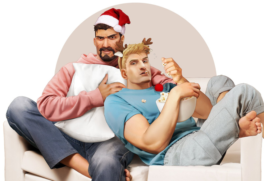 2boys antlers bara beard beard_stubble blonde_hair brown_hair christmas couch couple dark-skinned_male dark_skin facial_hair feet food hat highres hood hoodie leaning_on_person male_focus mature_male multiple_boys nez on_couch overwatch overwatch_1 pink_hoodie popcorn realistic reaper_(overwatch) red_headwear reindeer_antlers santa_hat scar scar_on_cheek scar_on_face short_hair soldier:_76_(overwatch) thick_beard thick_eyebrows toned toned_male yaoi