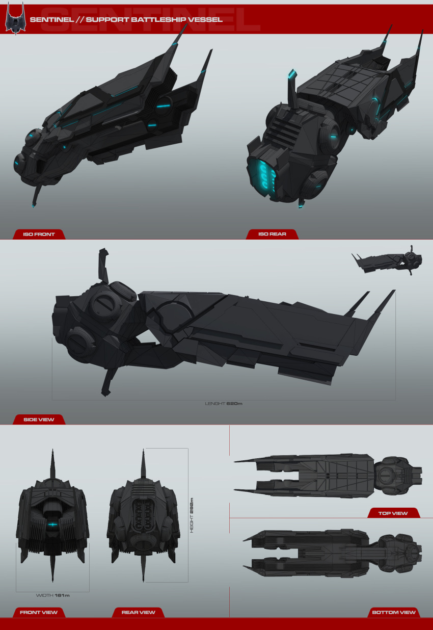 3d absurdres battlecruiser_(eve_online) commentary concept_art eve_online from_side glowing grey_background highres military_vehicle multiple_views no_humans original radvisual reference_sheet science_fiction spacecraft thrusters