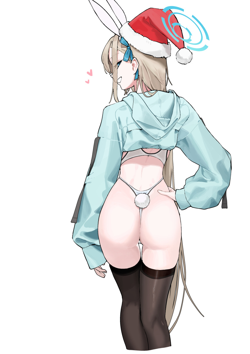 1girl absurdres animal_ears ass asuna_(blue_archive) black_thighhighs blue_archive blue_eyes commentary cropped_hoodie from_behind hair_over_one_eye halo hat heart highres hood hoodie light_brown_hair long_hair looking_at_viewer mark_jin one-piece_swimsuit rabbit_ears rabbit_tail santa_hat simple_background sleeves_past_wrists smile solo swimsuit tail thighhighs very_long_hair white_background