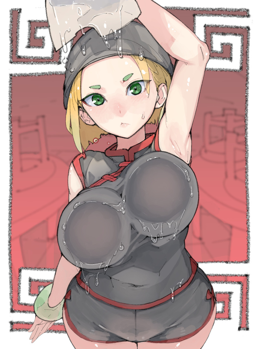 1girl against_glass armpits arms_(game) bandana black_shirt black_shorts blonde_hair blush bob_cut bracelet breast_press breasts chinese_clothes cleaning covered_navel fat_mons green_eyes groin highres holding_cloth jewelry large_breasts min_min_(arms) no_mask shirt short_hair short_shorts shorts solo sweatdrop takayama_toshinori wet wet_clothes