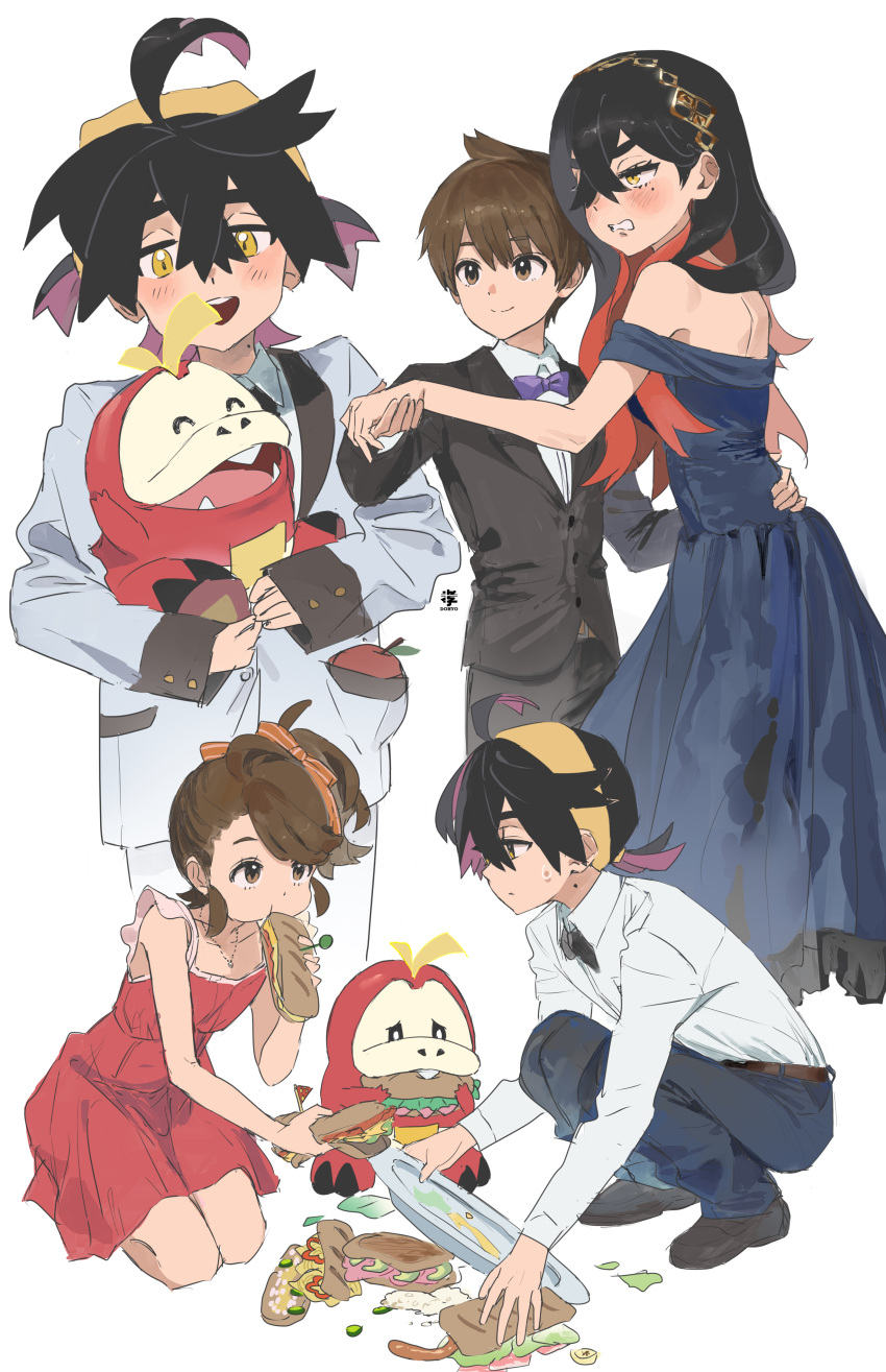 2boys 2girls absurdres ahoge alternate_costume apple black_hair blue_dress blush brother_and_sister brown_hair carmine_(pokemon) commentary_request dohyo123123 dress eating florian_(pokemon) food fruit fuecoco headband highres holding holding_tray juliana_(pokemon) kieran_(pokemon) mole mole_on_neck mole_under_eye multiple_boys multiple_girls multiple_views pokemon pokemon_(creature) pokemon_sv sandwich siblings side_ponytail simple_background suit tray white_background yellow_eyes