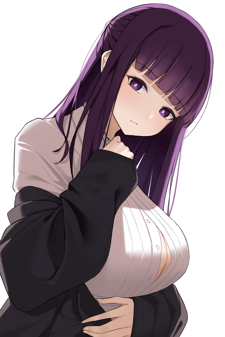 1girl absurdres arm_under_breasts black_robe blunt_bangs breasts bright_pupils cleavage dress fern_(sousou_no_frieren) half_updo head_tilt highres large_breasts looking_at_viewer murding partially_unbuttoned purple_eyes purple_hair robe simple_background solo sousou_no_frieren upper_body white_background white_dress
